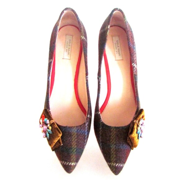 Designer Cole Haan Burgundy Tweed Plaid Bow/Brooch Pointed Toe Pumps 8.5 M - Picture 11 of 15